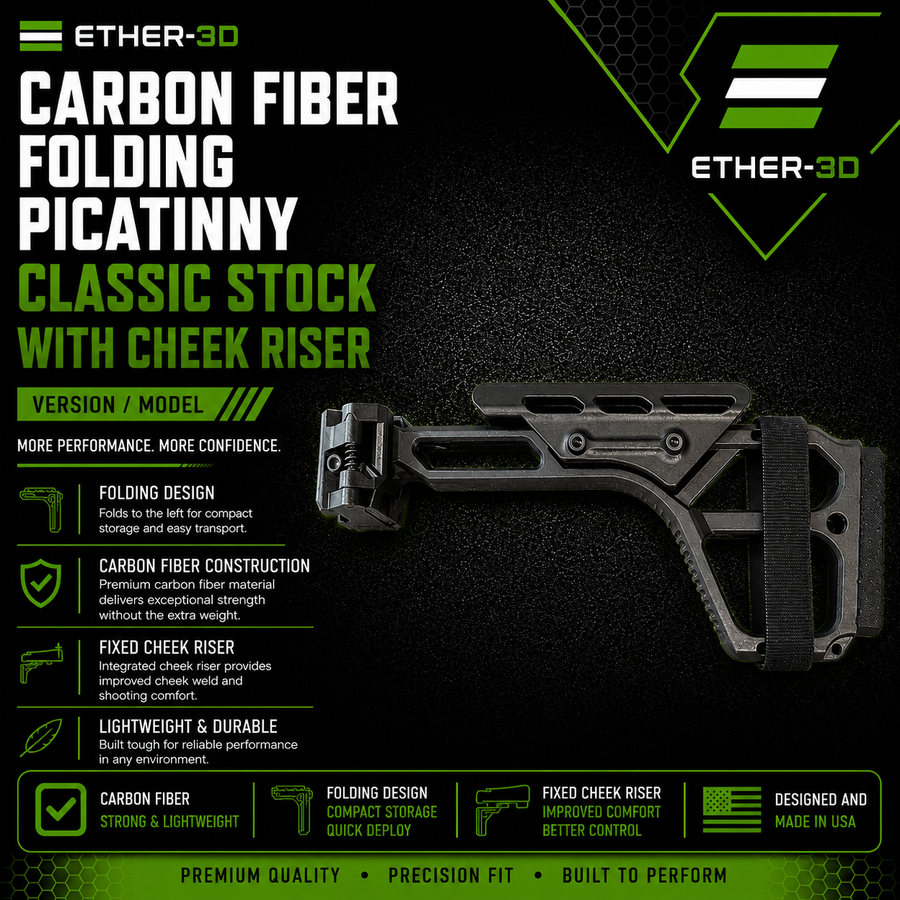Carbon Fiber Folding Picatinny Classic Stock With Cheek Riser