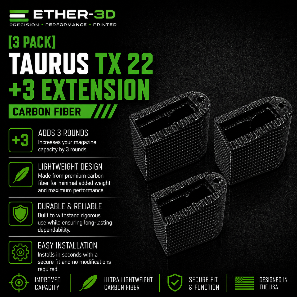 Taurus TX22 +3 Magazine Extension – 3 Pack – Carbon Fiber