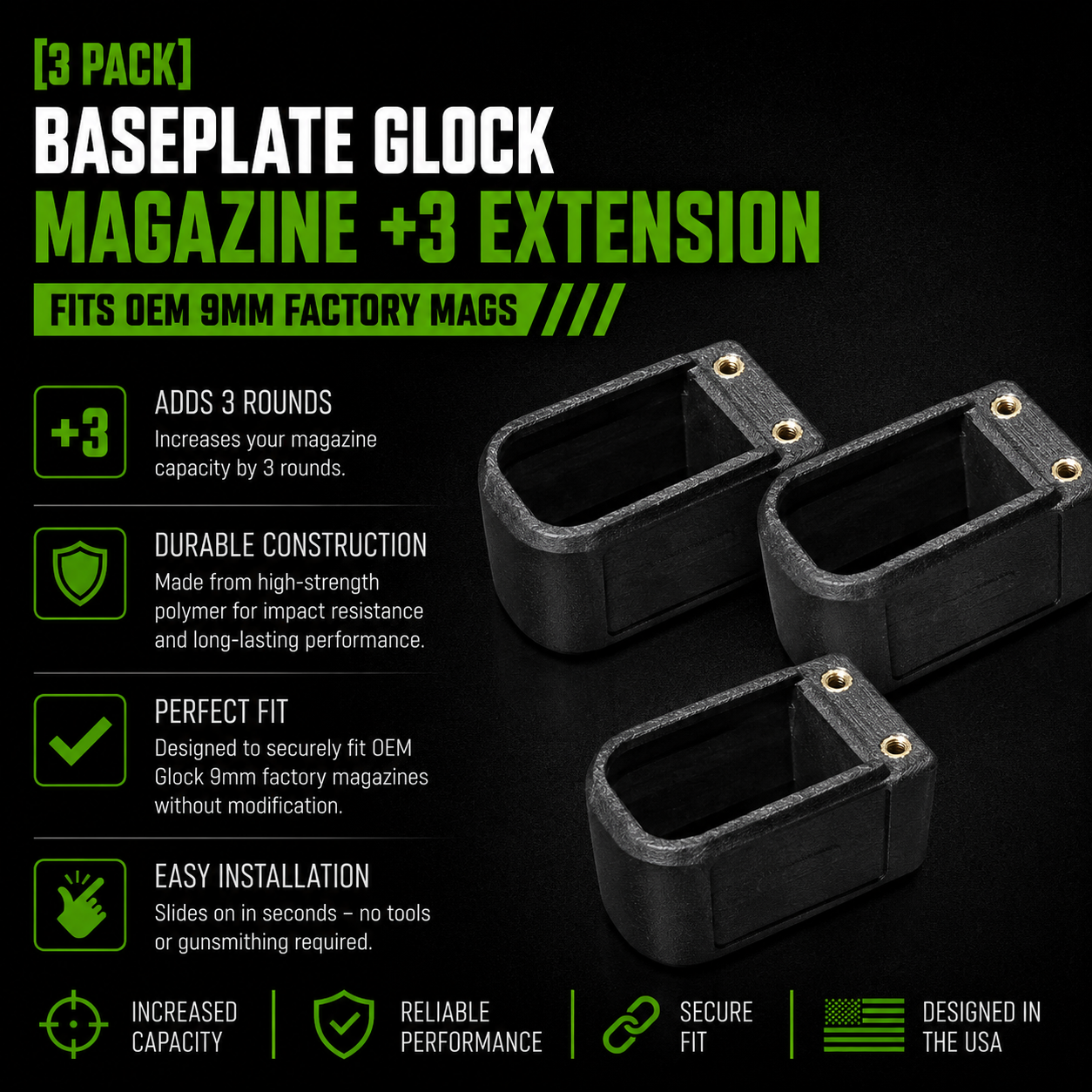 Glock +3 Magazine Baseplate Extension – 3 Pack